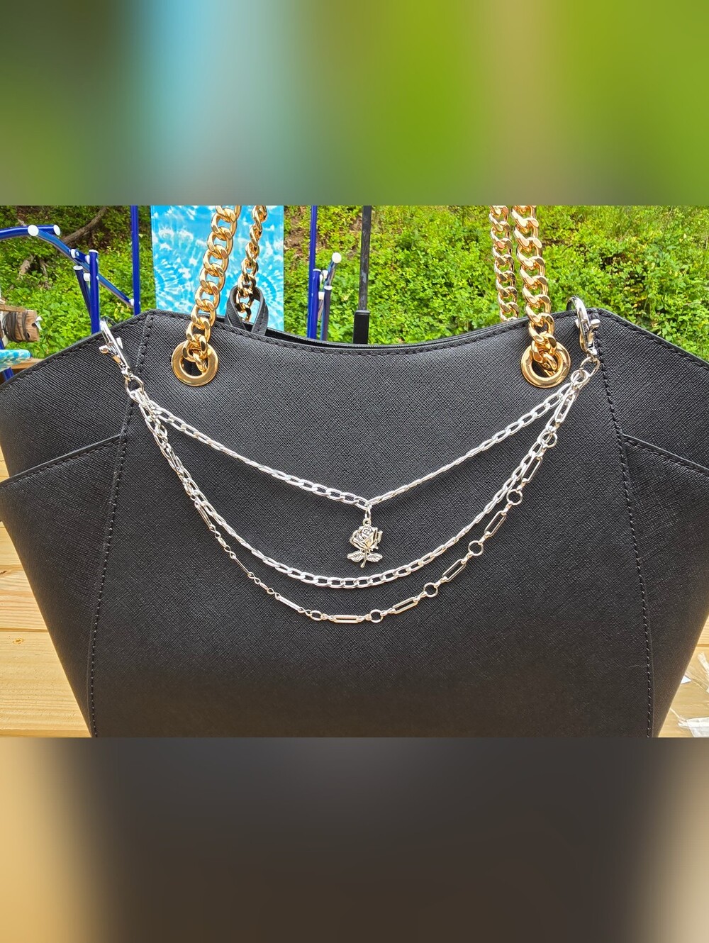 Simple Rose Bag Charm Chain Belt Silver Tone